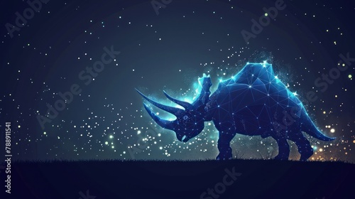 Beautiful starry low poly illustration with shiny blue triceratops silhouette on the dark background AI generated