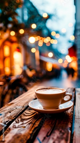 A cup of coffee on a wooden table in front of blurry lights