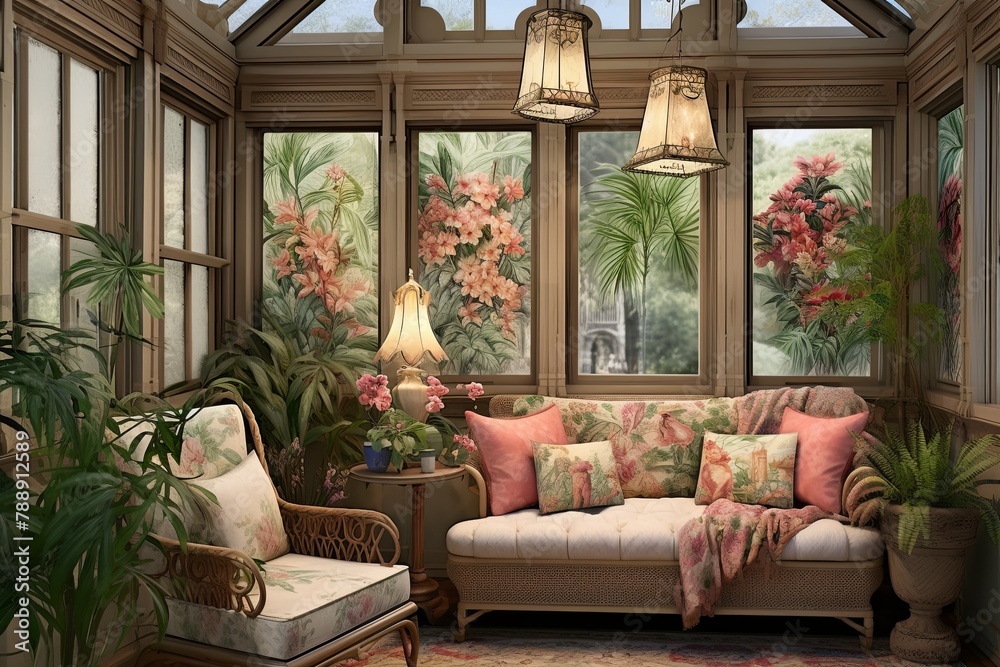 Fototapeta premium Neo-Victorian Sunroom Designs: Gaslight Chandeliers, Botanical Prints, Needlepoint Cushions Ensemble