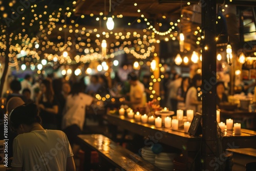 The warm glow of flickering candles and decorative string lights casting a cozy ambiance over the bustling night market, creating an enchanting atmosphere for evening shopping, Generative AI photo