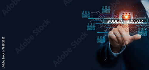 Businessman hand touching virtual graphical interface in the public sector. Idea for governmental solutions and civic advancements in a global public service concept.