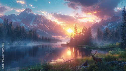 A beautiful landscape of mountains, trees and lake at sunrise, with a purple sky. Created with Ai © Design