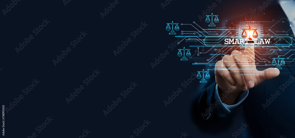 Businessman hand touching virtual graphical interface of smart law. Idea for legal solution and technology integration, advancement in the global legal services concept. Businessman hand touching virtual graphical interface of smart law. Idea for legal solution and technology integration, advancement in the global legal services concept.