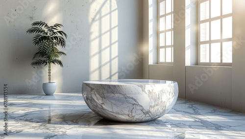A large white bathtub in the center of an open bright bathroom with arched windows and green plants, marble floor. Created with Ai