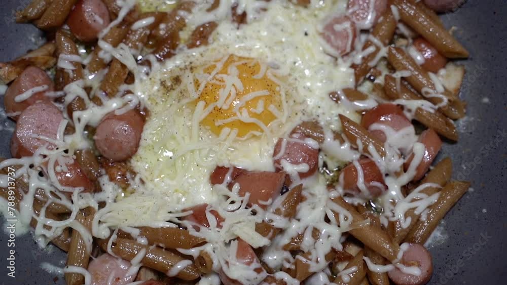 Dish. Fried egg with sausage, sprinkled with cheese. Dish. Fried egg with sausage, sprinkled with cheese.