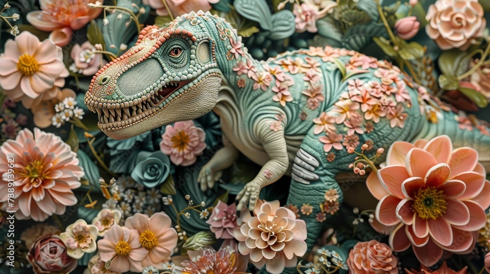 A T-rex dinosaur made of flowers stands in a field of flowers.