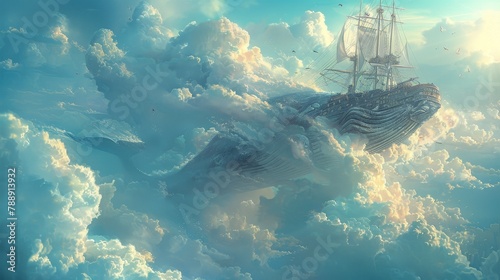 A steampunk airship flies through the clouds above a pod of whales. photo
