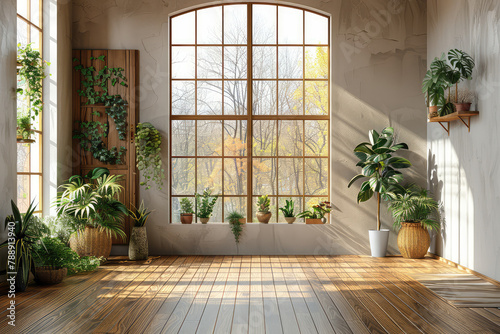 Sunny day, large window with a wooden frame, tropical plants in pots on the floor, light wood parquet flooring. Created with Ai