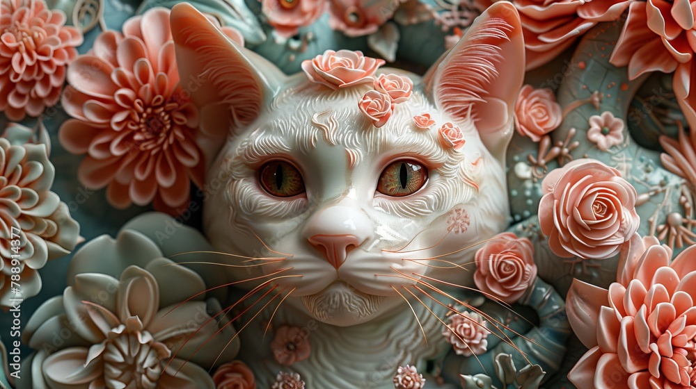 A 3d rendering of a cat made of marble with pink flowers surrounding it