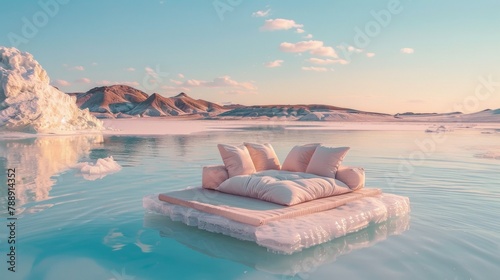 Serene Sunset with Young Woman Relaxing on Floating Bed in Saline Lake