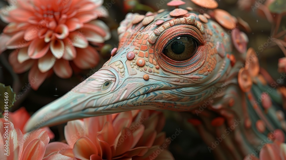 Obraz premium A 3D rendering of a realistic bird with intricate details, made of ceramic and covered in a floral pattern, with a pink flower in the background.
