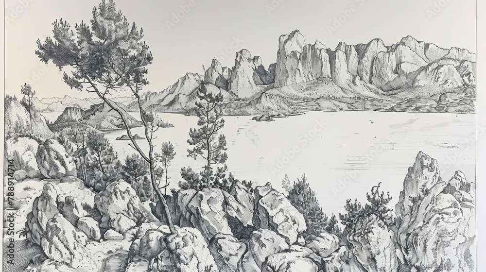 A drawing of a mountain range with a lake in the foreground. The drawing is in black and white and has a serene and peaceful mood
