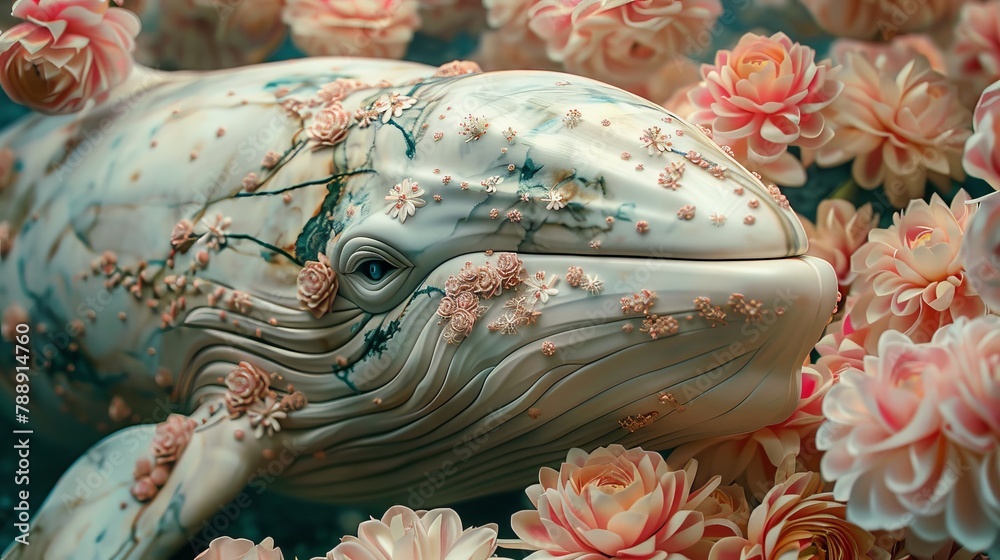 A beautiful and detailed sculpture of a whale made of marble is surrounded by a variety of pink flowers.