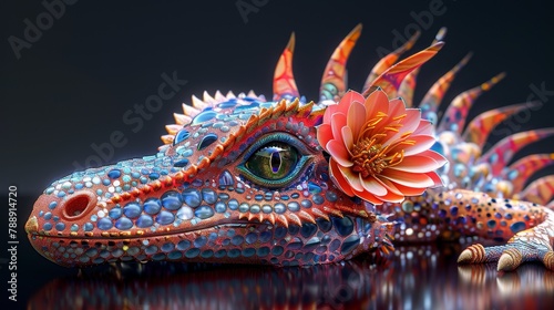 A beautiful and detailed 3D rendering of a colorful and shiny dragon with a flower on its head.