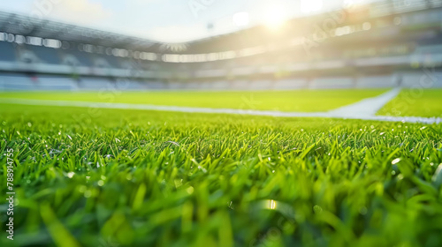 A soccer field with a bright sun shining on the grass. The field is green and well-maintained