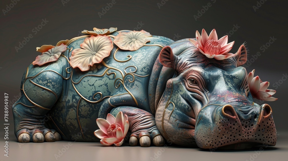 A blue and pink hippopotamus made of ceramic with lotus flowers on its back and around it.