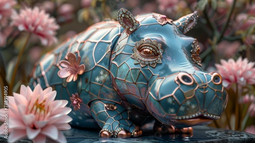A bejeweled hippopotamus sits in a field of pink water lilies.