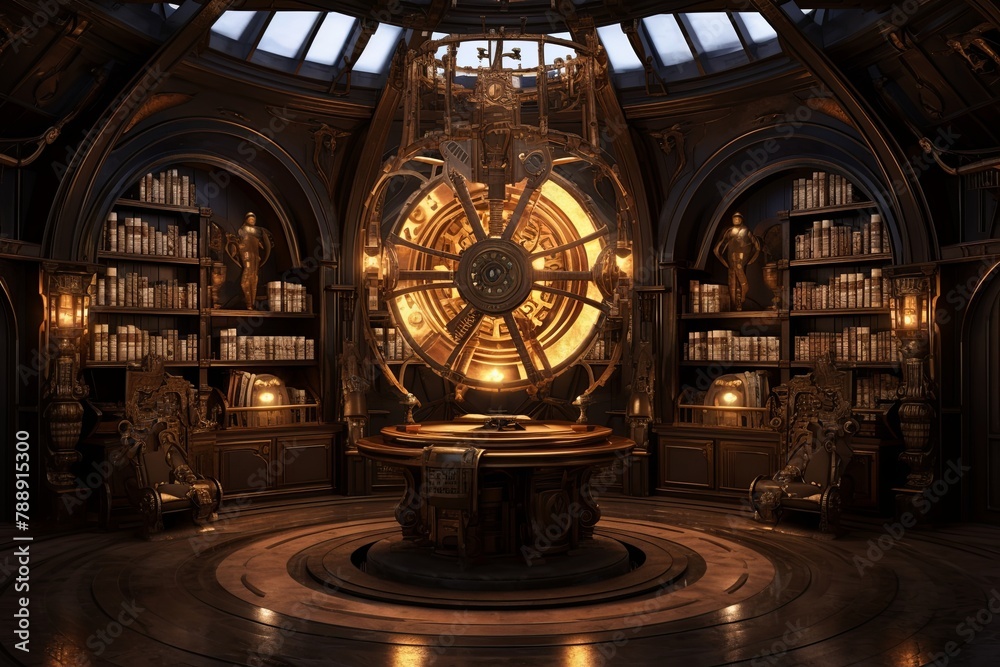 Obraz premium Aether Flux Sculptures and Baroque Bookcases: Steampunk Home Library Concepts with Amber Lighting