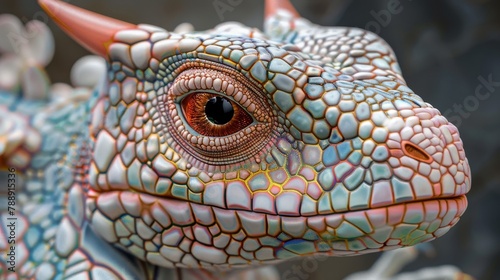 A close up of a colorful chameleon with pink horns and blue and pink scales. photo
