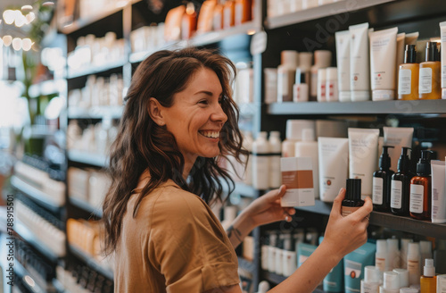 A beautiful woman is smiling and looking at the hair care products on display in front of her, holding one product in hand to check its label and content
