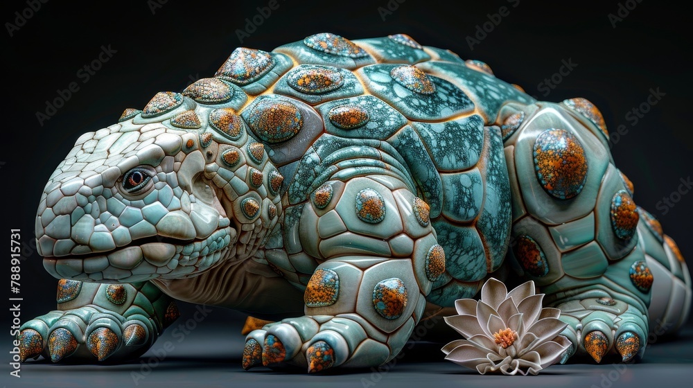 Fototapeta premium A highly detailed render of a ceramic sculpture of an armadillo sitting next to a white flower.