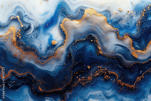  A blue marble pattern with golden veins, featuring an ethereal and dreamy style, flowing watercolor effects, and mysterious light reflections. Created with Ai