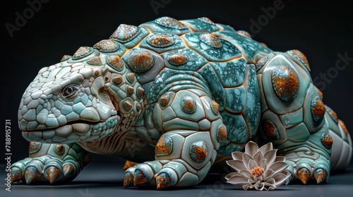 A highly detailed render of a ceramic sculpture of an armadillo sitting next to a white flower.