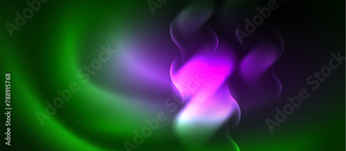 Vibrant swirl of purple and green on a dark background inspired by the colors of a violet petal and the night sky. A colorful piece of art resembling a gas cloud in the terrestrial plant