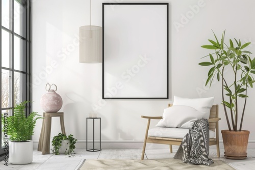 Scandinavian style living room with poster mockup created with generative ai