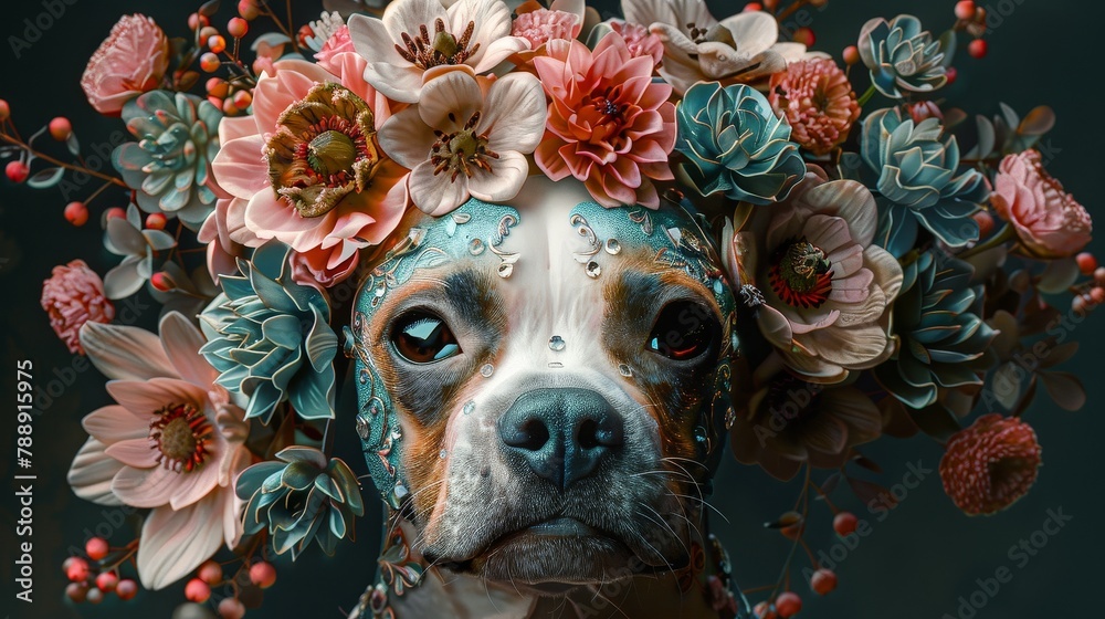 A photo of a dog wearing a flower crown.