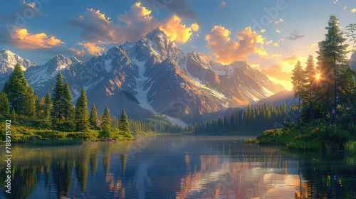 Painting of a beautiful lake in the mountains with trees and a sunset in the background. Created with Ai