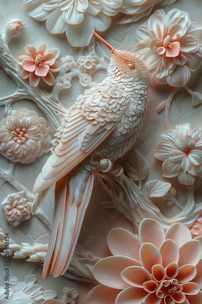 A pink and white hummingbird sits on a branch with pink flowers. The background is white with a pink flower pattern.