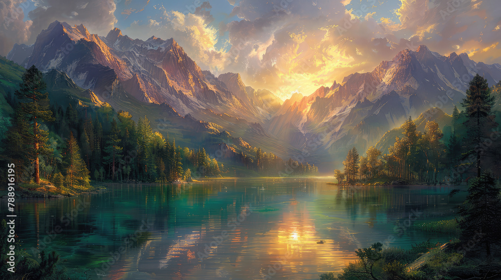 A breathtaking mountain landscape with towering peaks, lush forests, and serene lakes reflecting the golden hues of sunset. Created with Ai