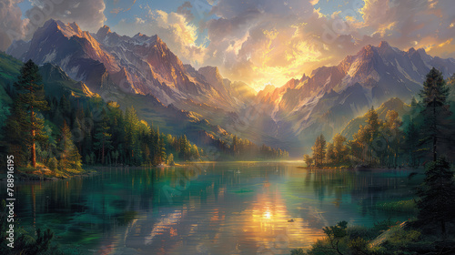 A breathtaking mountain landscape with towering peaks  lush forests  and serene lakes reflecting the golden hues of sunset. Created with Ai