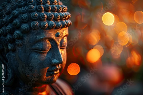 Buddha Purnima and Vesak day concept, Buddha statue with low key light against beautiful and colorful background close up. Meditation copy sapce with generative ai photo