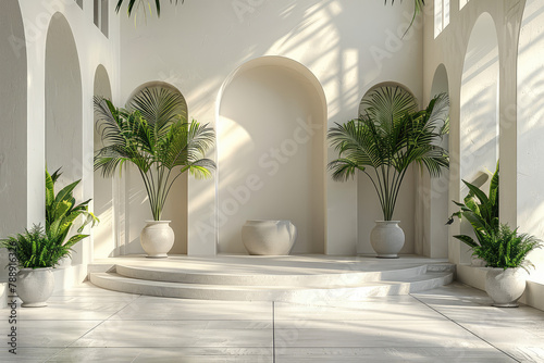 A realistic photo shows an arched entrance to an interior garden, with white stone steps leading up to it. Created with Ai photo