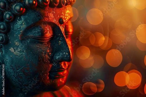 Buddha Purnima and Vesak day concept  Buddha statue with low key light against beautiful and colorful background close up. Meditation copy sapce with generative ai