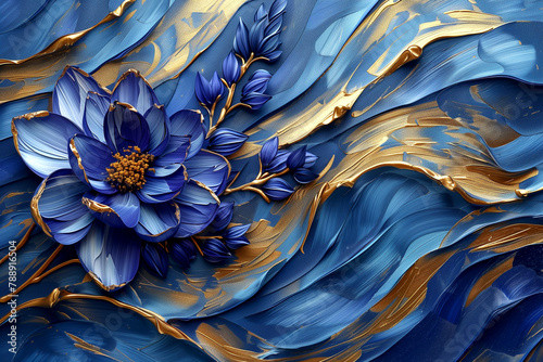 Closeup of a blue and gold flower on matching background