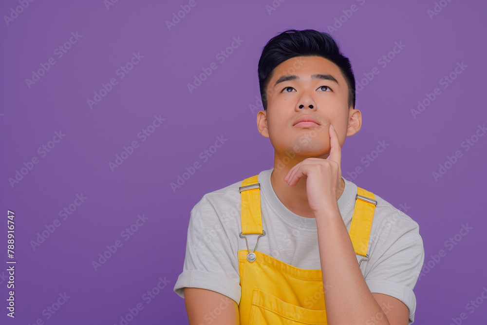 young asian man, dressed in yellow overalls, pensive, purple background young asian man, dressed in yellow overalls, pensive, purple background