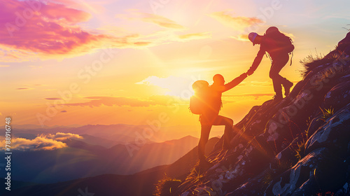 Two people are climbing a mountain together. One of them is wearing a backpack. The sun is setting in the background, creating a beautiful and serene atmosphere