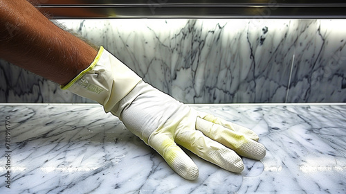 A man wearing a white glove is cleaning a marble countertop. The countertop is very clean and shiny photo