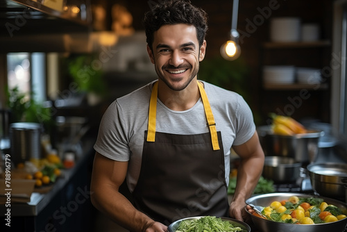 attractive young man wearing kitchen apron, smiling ready to prepare healthy food with fresh ingredients, indoor kitchen background