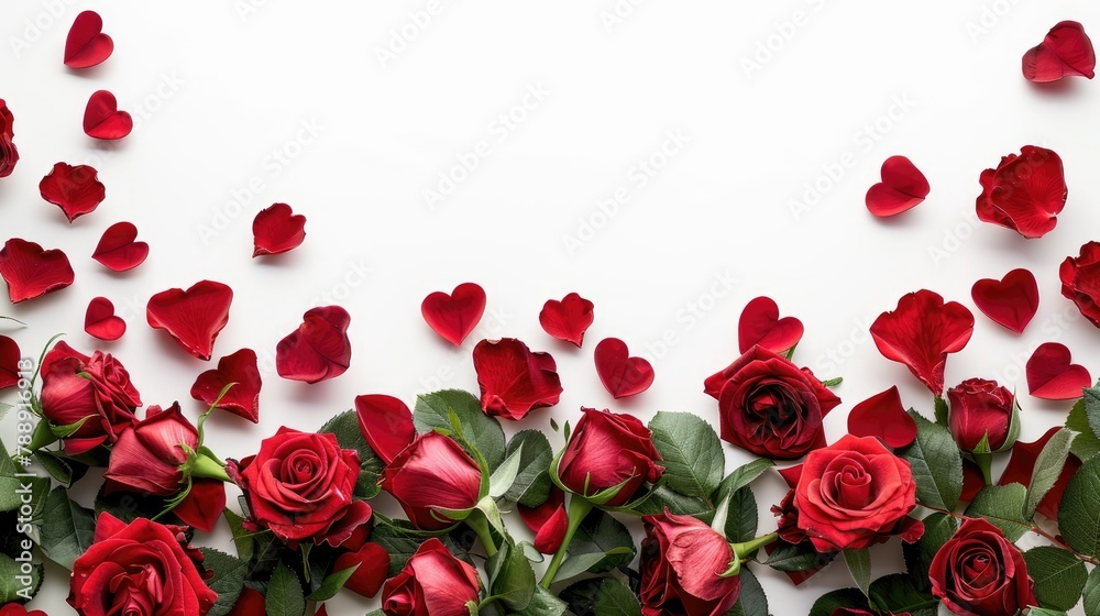 A charming arrangement of red roses and hearts adorns a crisp white backdrop in a Valentine s Day themed banner with ample space for your heartfelt message A charming arrangement of red roses and hearts adorns a crisp white backdrop in a Valentine s Day themed banner with ample space for your heartfelt message