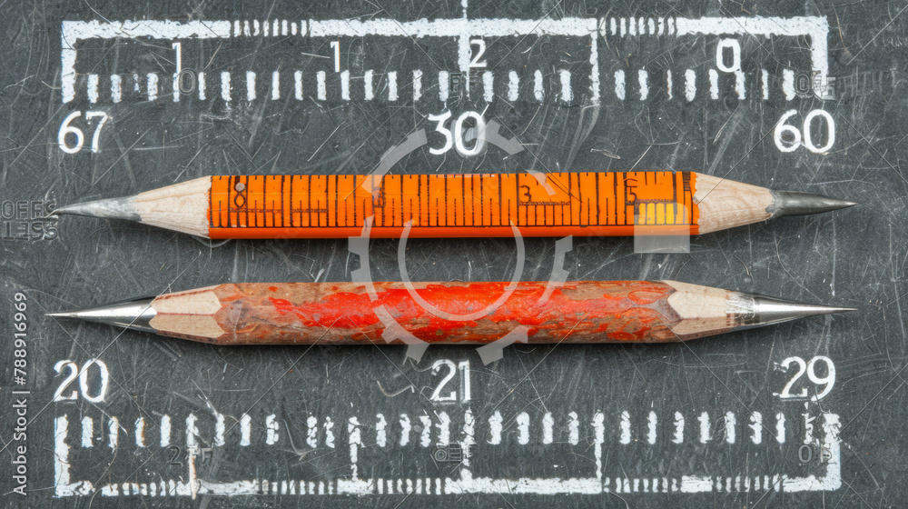 Two pencils are on a ruler, one of which is red and the other is orange ...