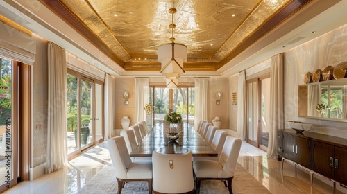 In a dining room a polished plaster ceiling adds a touch of opulence and sophistication. The smooth finish contrasts beautifully with the rough texture of the walls drawing the eye .