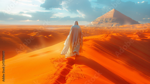 A man is walking on a sandy desert with a large pyramid in the background. The scene is surreal and mysterious, with the man appearing to be a prophet or a traveler on a journey photo