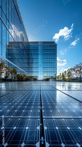Organizational culture and performance influenced by energyefficient spaces, with solar panels on a corporate campus photo