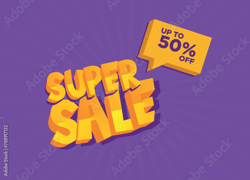 Super Sale 50, purple banner with lilac rays, post for advertising on social networks