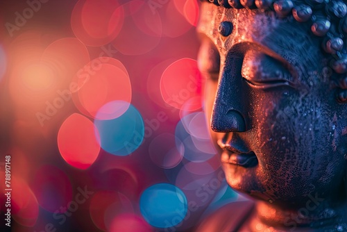 Buddha Purnima and Vesak day concept  Buddha statue with low key light against beautiful and colorful background close up. Meditation copy sapce with generative ai