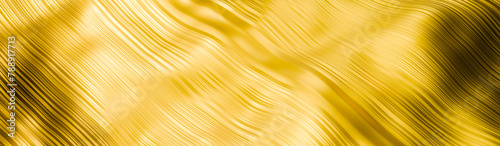The golden cloth flowed and had a striped pattern. Alternating gold stripes. The fabric resembles shiny silk. For use as a background or Background. 3D Rendering. © Superrider